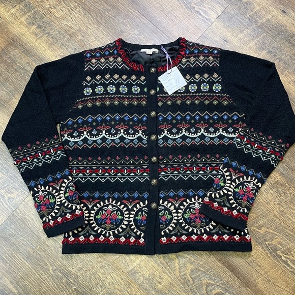 NEW Carson Sweater Cardigan Coat Black Floral Embroidered Womens Small Wool - Picture 1 of 15